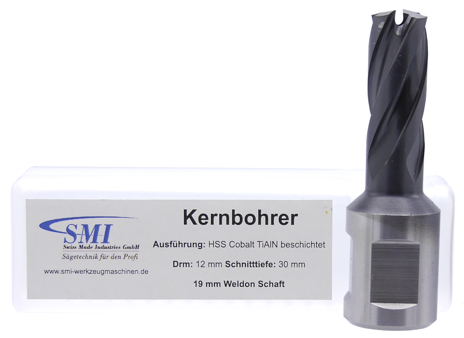 HSS TIN Kernbohrer Drm 12 mm Schnitttiefe 30 mm mit 19 mm Weldon Kernlochbohrer 