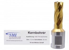 SMI HSS TIN Kernbohrer 12 mm Drm. 19 mm Weldon Aufnahme