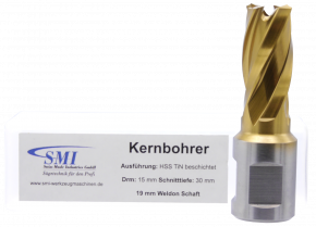 SMI HSS TIN Kernbohrer 15 mm Drm. 19 mm Weldon Aufnahme